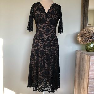 Cabi Full Black French Lace Nude Mesh Lining A-line Midi Dress Medium